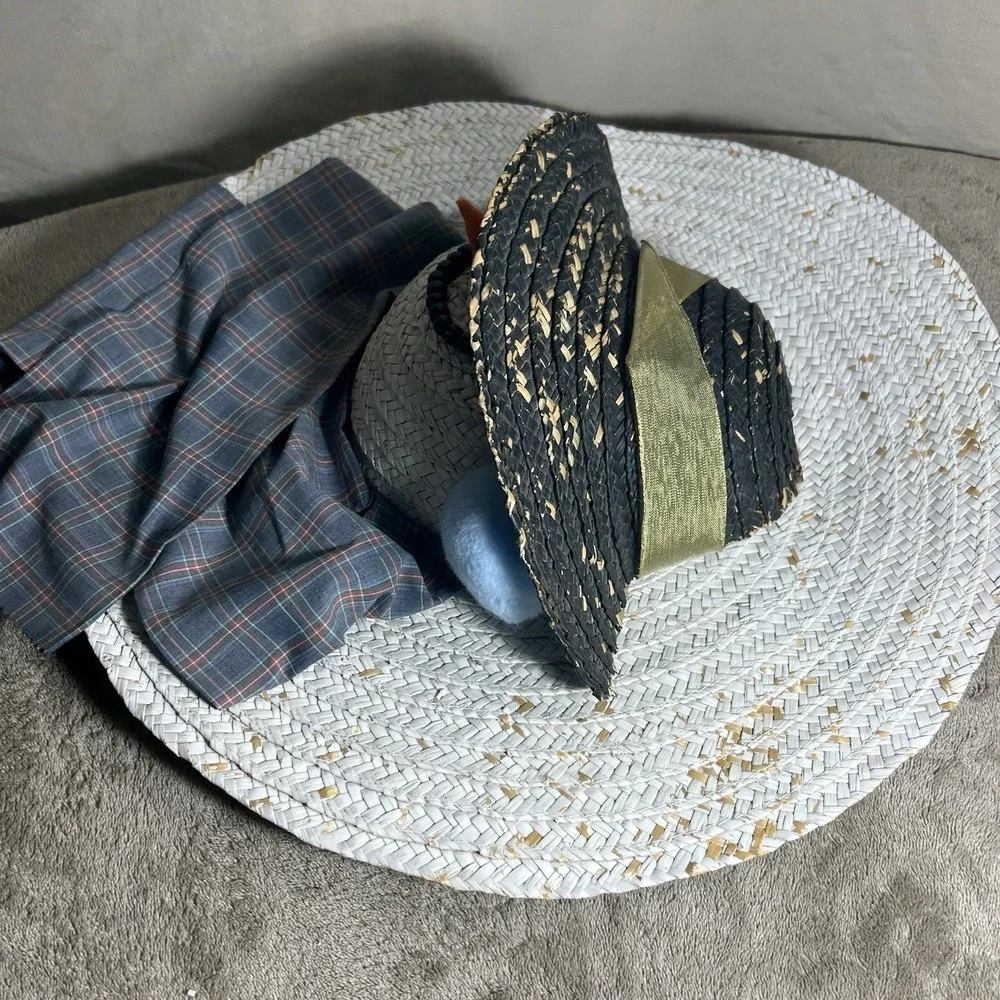 Handmade Straw Hat Snowman Christmas Wall Door Hanging Plaid Scarf 18